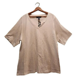 Karen Scott Shirt Womens Size 2X White Knit 100% Cotton Button V Neck Pullover